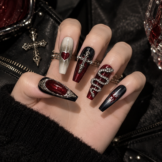 NailZagreb Gothic Snake Press On Nails Black Red Cross Heart Rhinestone Glossy Handmade Nail Set