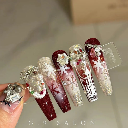 NailZagreb Red Gold Glitter Press On Nails Snowflake Winter Luxury Nail Set