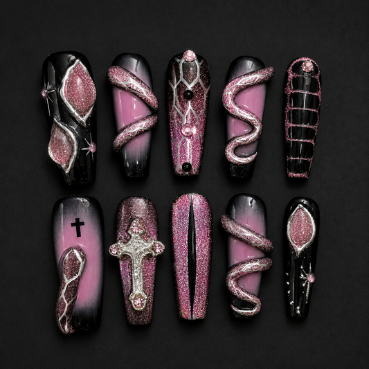 NailZagreb Gothic Black Pink Press On Nails Cross Snake Rhinestone Glitter Handmade Nail Set