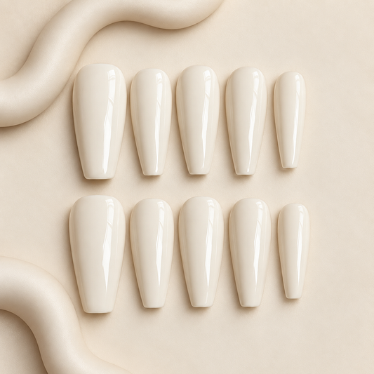 NailZagreb Glossy Vanilla Beige Coffin Press On Nails for Chic Minimal Everyday Style