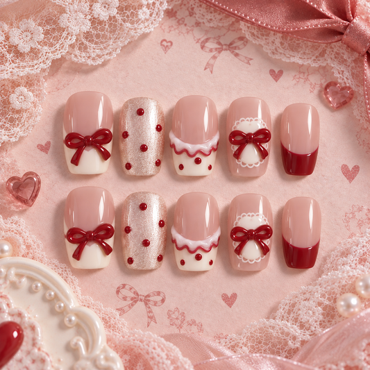 NailZagreb Coquette Red Bow Press On Nails | Nude Pink French Tip Nails | Cute Korean Style Nails | Short Square Press On Nails