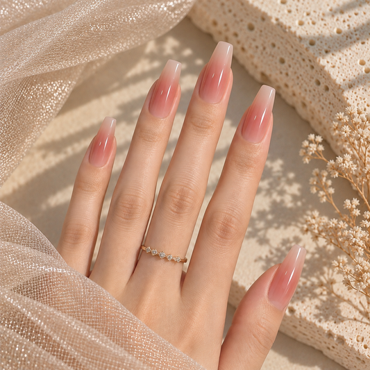 NailZagreb Milky Pink Ombre Press On Nails | Glossy Nude Gradient Nails | Clean Girl Minimal Nails | Short Coffin Press On Nails