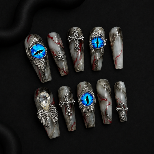 NailZagreb Gothic Press On Nails Blue Eye Cross Rhinestone Reusable False Nails Handmade Set