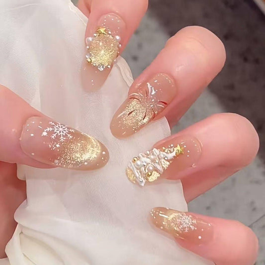 NailZagreb Luxury Gold Glitter Christmas Press On Nails Snowflake 3D Nails