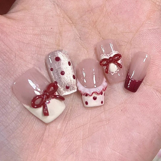 NailZagreb Coquette Red Bow Press On Nails | Nude Pink French Tip Nails | Cute Korean Style Nails | Short Square Press On Nails