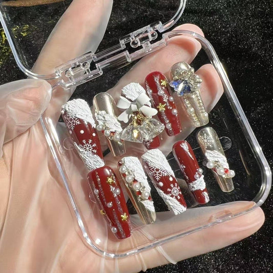 NailZagreb Holiday Press On Nails Red Gold Snowflake Pearl Glossy Christmas Style Nail Set