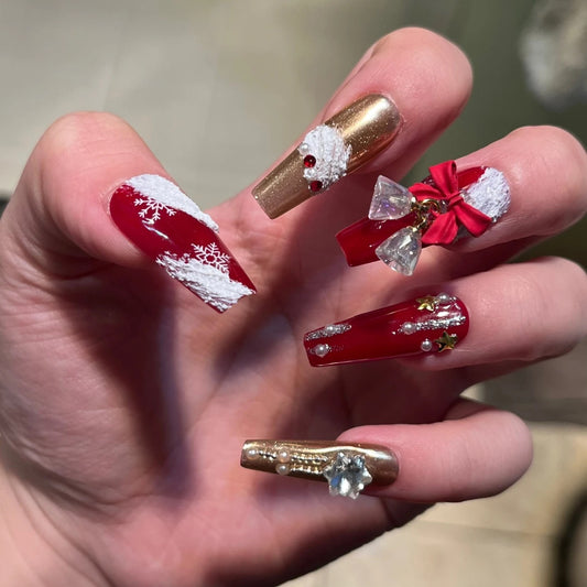 NailZagreb Holiday Press On Nails Red Gold Snowflake Pearl Glossy Christmas Style Nail Set