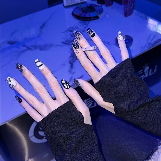 NailZagreb Black Gothic Press On Nails Cross Spike Stud Reusable False Nails Handmade Set