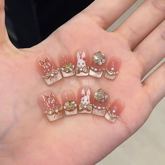NailZagreb Cute Bunny Press On Nails Nude Gold Rhinestone Kawaii Glossy Nail Set