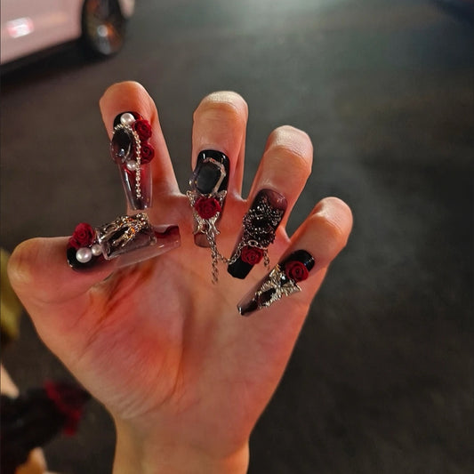 NailZagreb Gothic Rose Press On Nails Red Black Pearl Rhinestone Glossy Luxury Handmade Nail Set