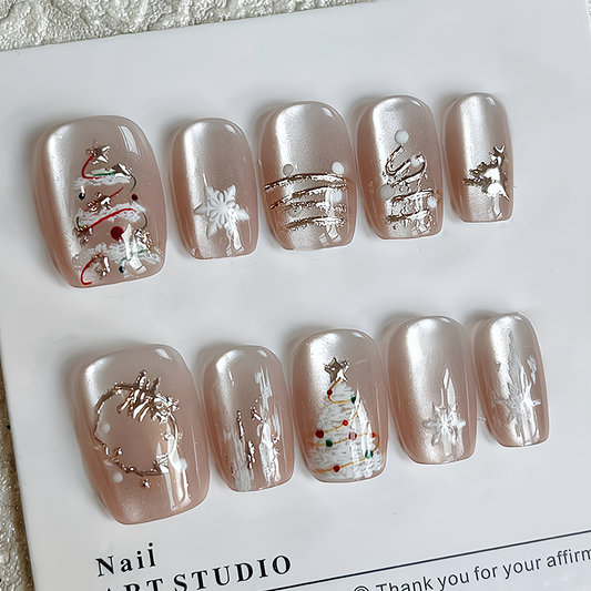 NailZagreb Nude Pearl Press On Nails Minimal Snowflake Glossy Handmade Nail Set