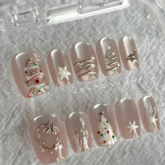 NailZagreb Nude Pearl Press On Nails Minimal Snowflake Glossy Handmade Nail Set