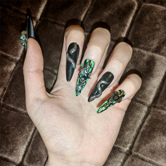 NailZagreb Gothic Snake Press On Nails Black Green Evil Eye Rhinestone Glossy Handmade Nail Set