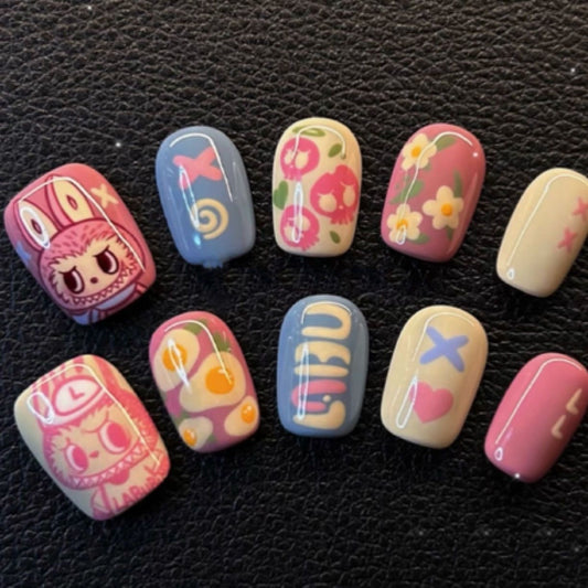 NailZagreb Pastel Labubu Cartoon Press On Nails with Retro Kawaii Art Design