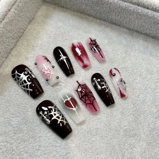 NailZagreb Red Black Gothic Press On Nails Heart Spider Web Reusable False Nails