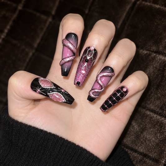 NailZagreb Gothic Black Pink Press On Nails Cross Snake Rhinestone Glitter Handmade Nail Set