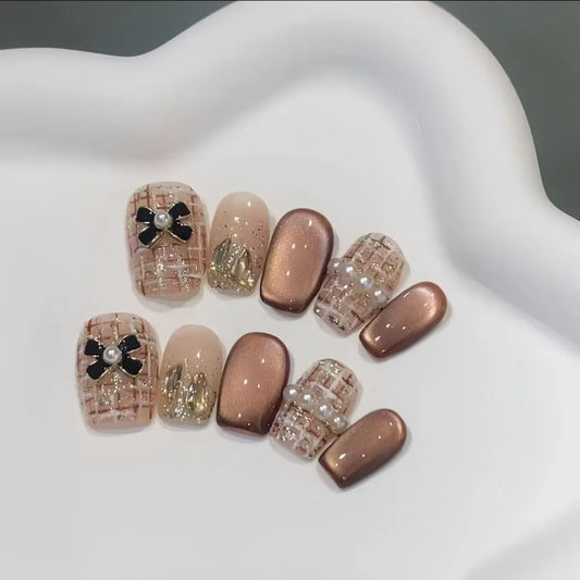 NailZagreb Nude Brown Press On Nails Gold Chrome Pearl Bow Glossy Elegant Nail Set