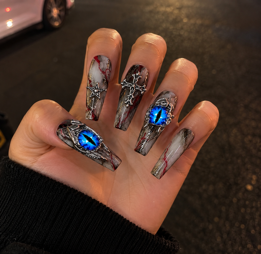 NailZagreb Gothic Press On Nails Blue Eye Cross Rhinestone Reusable False Nails Handmade Set