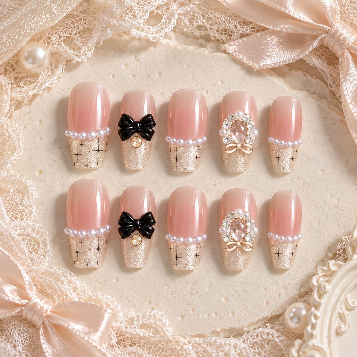 NailZagreb Elegant Pink Gold Press On Nails Pearl Bow Chic French Tip Nails