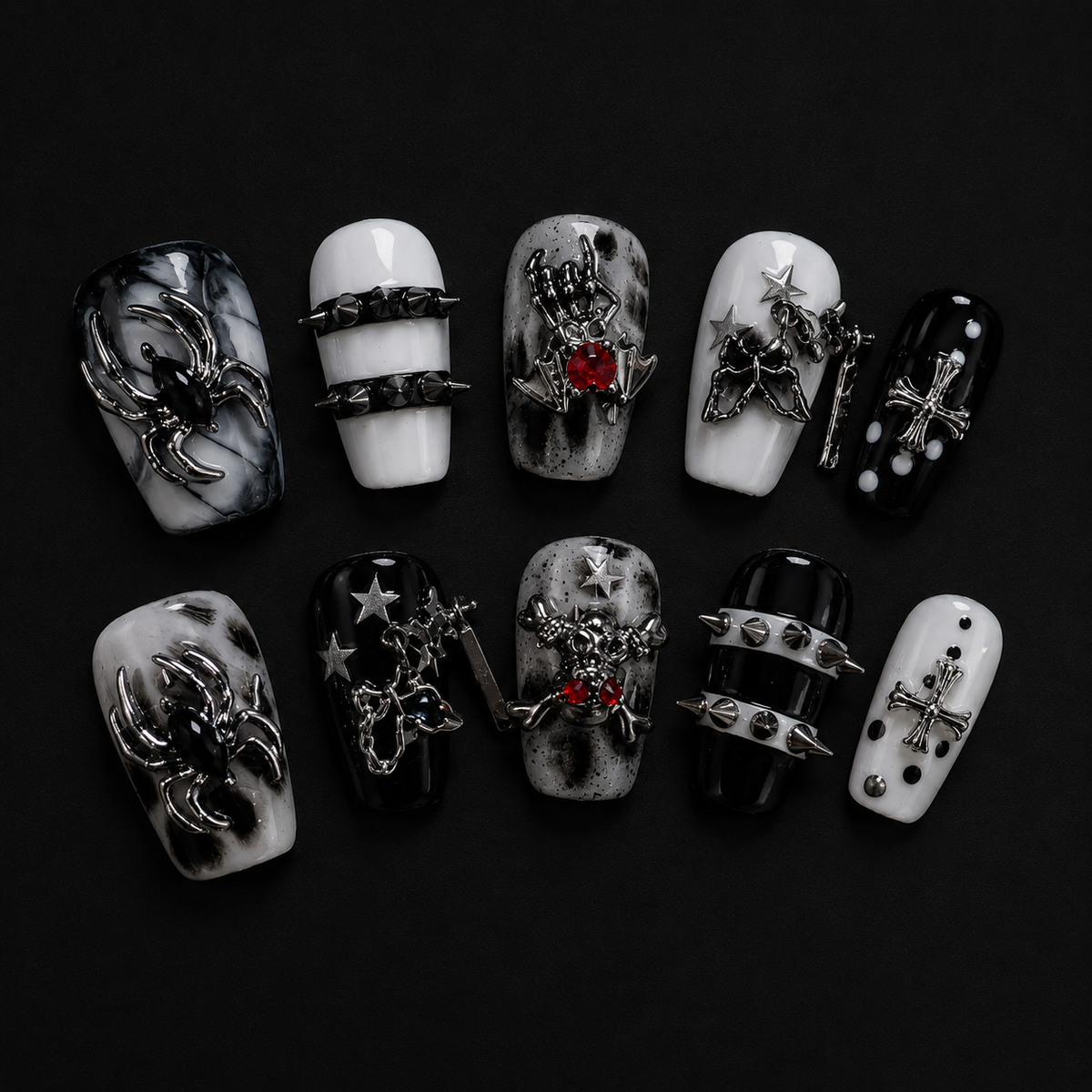 NailZagreb Black Gothic Press On Nails Cross Spike Stud Reusable False Nails Handmade Set