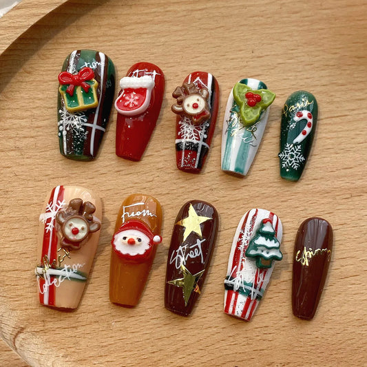 NailZagreb Holiday Press On Nails Red Green Christmas Tree Santa Claus Cute Nail Set