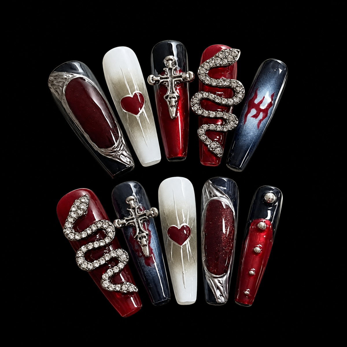 NailZagreb Gothic Snake Press On Nails Black Red Cross Heart Rhinestone Glossy Handmade Nail Set