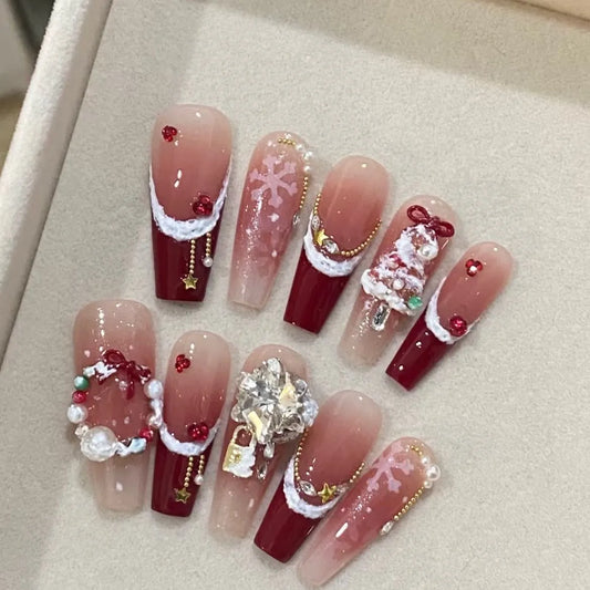 NailZagreb Red French Tip Press On Nails | 3D Bow Snowflake Nails | Nude Pink Coffin Nails | Luxury Handmade Nails