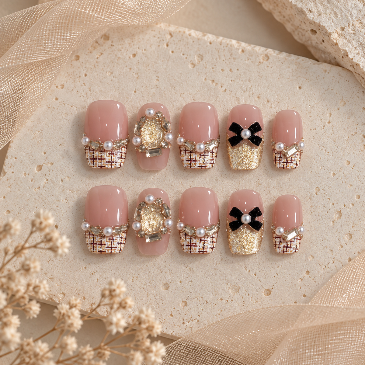 NailZagreb Nude Gold Press On Nails Pearl Bow Rhinestone Glossy Elegant Nail Set