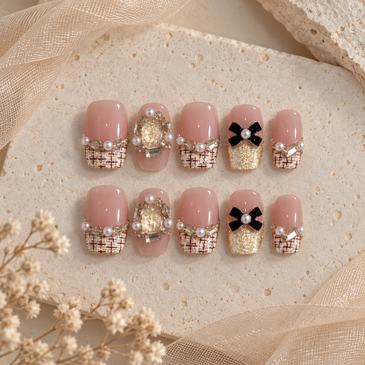 NailZagreb Nude Gold Press On Nails Pearl Bow Rhinestone Glossy Elegant Nail Set