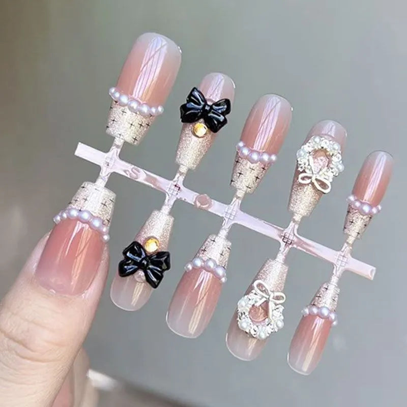 NailZagreb Elegant Pink Gold Press On Nails Pearl Bow Chic French Tip Nails