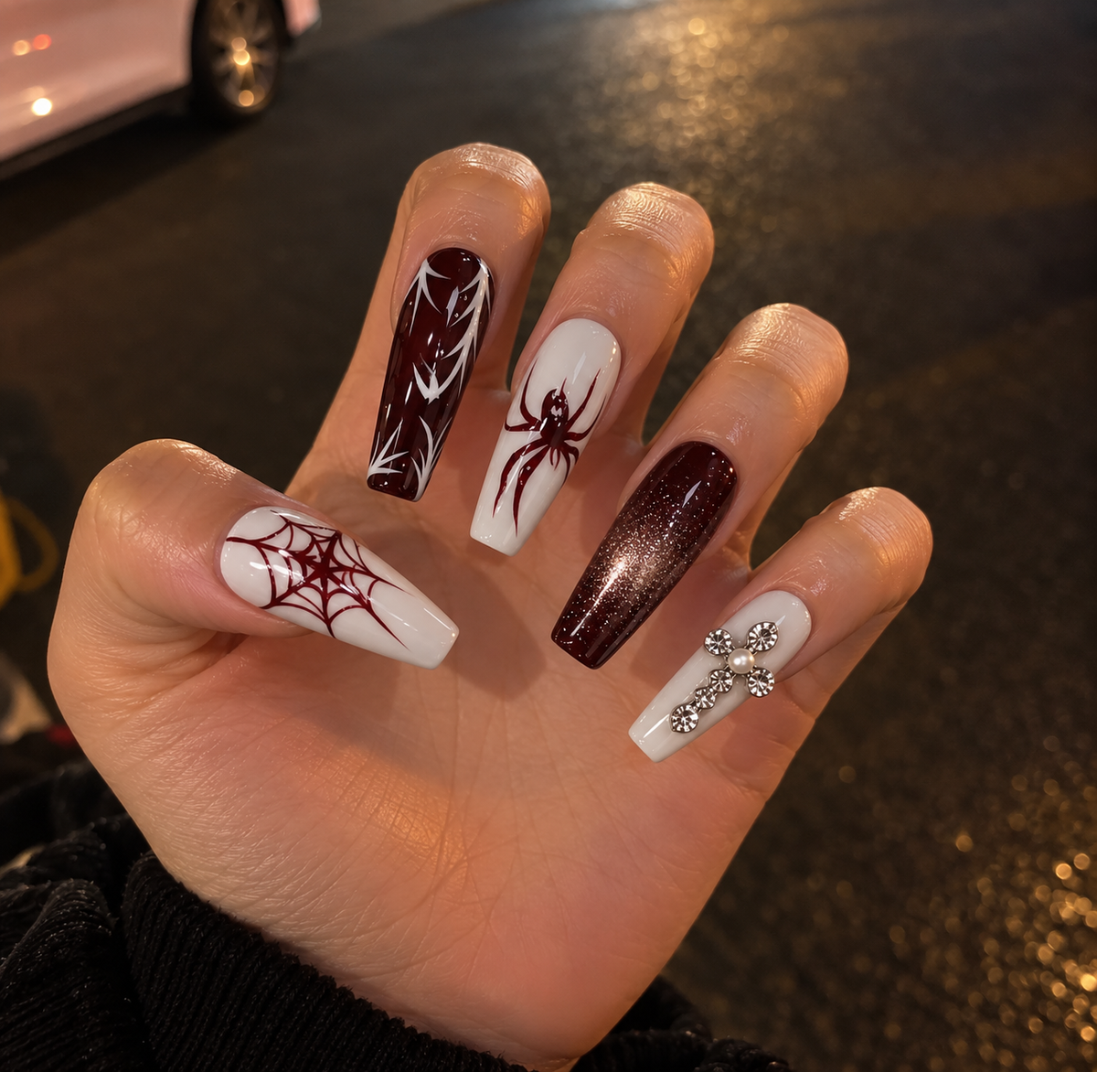 NailZagreb Gothic Spider Web Press On Nails Cross Rhinestone Black Red Handmade Reusable Nail Set
