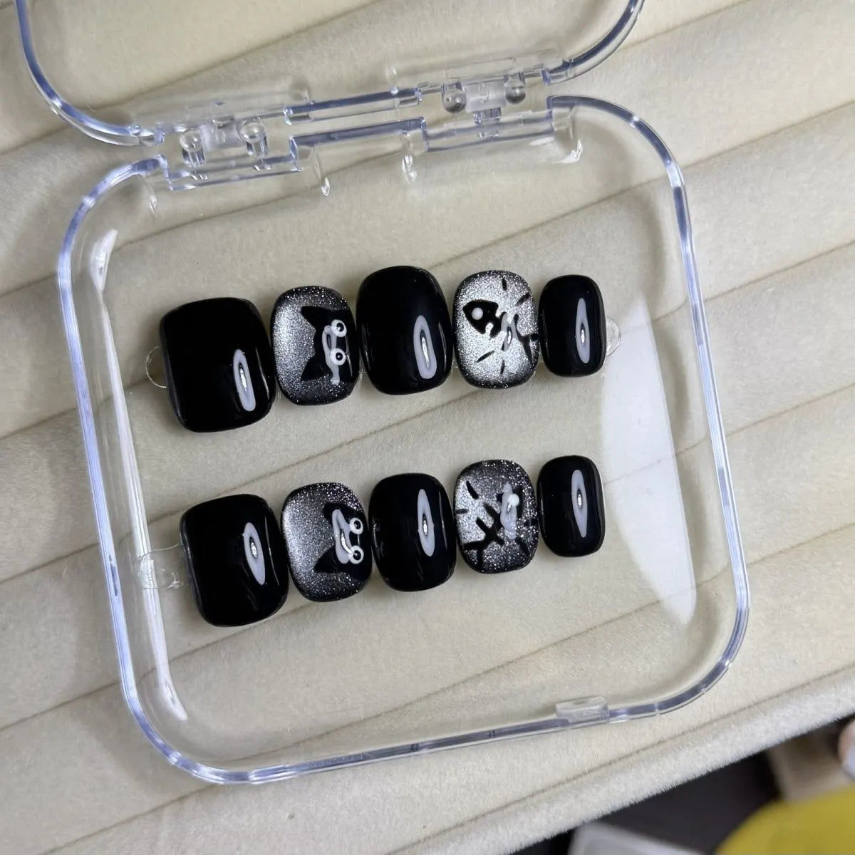 NailZagreb Kawaii Black Cat Press On Nails with Silver Glitter Gothic Design