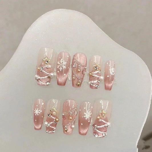 NailZagreb Elegant Nude Pink Press On Nails Gold Pearl Snowflake Luxury Nails