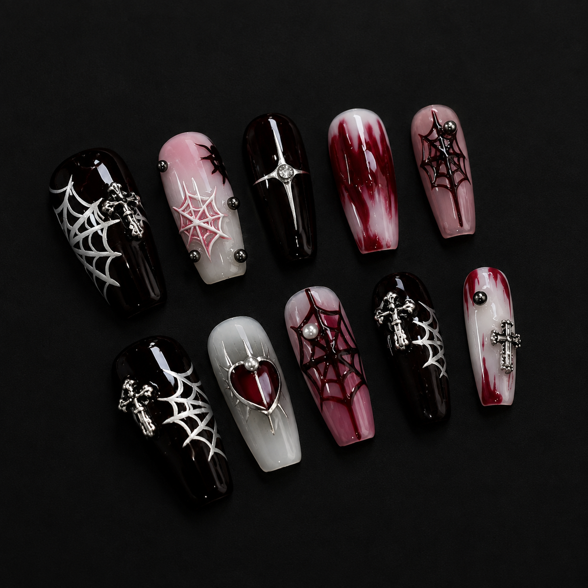 NailZagreb Red Black Gothic Press On Nails Heart Spider Web Reusable False Nails