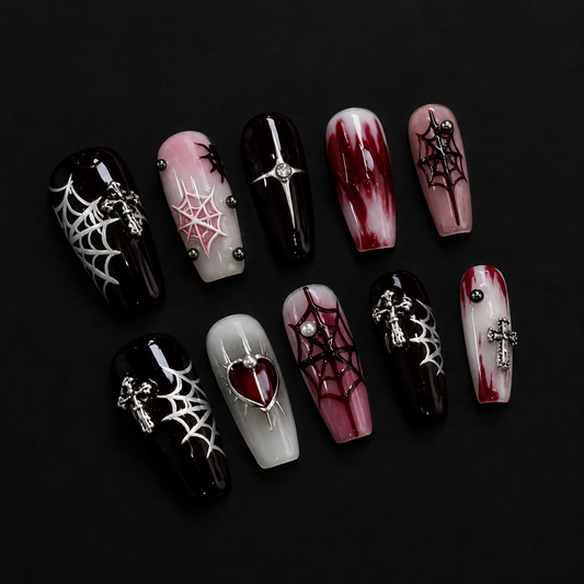 NailZagreb Red Black Gothic Press On Nails Heart Spider Web Reusable False Nails