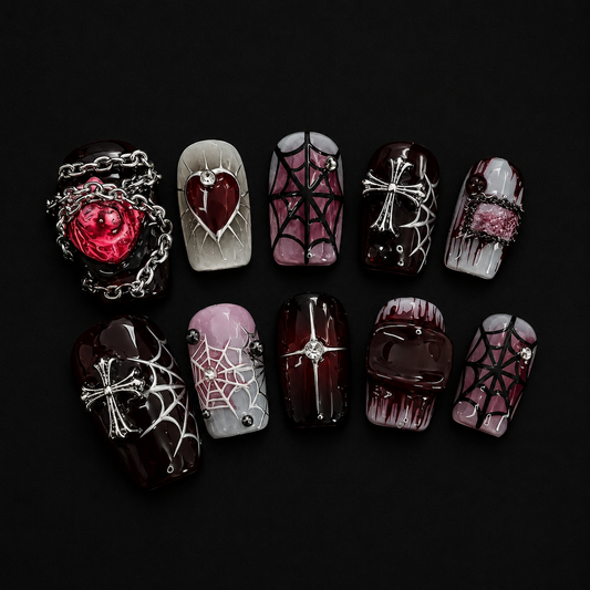 NailZagreb Gothic Heart Press On Nails Red Black Spider Web Rose Glossy Handmade Nail Set