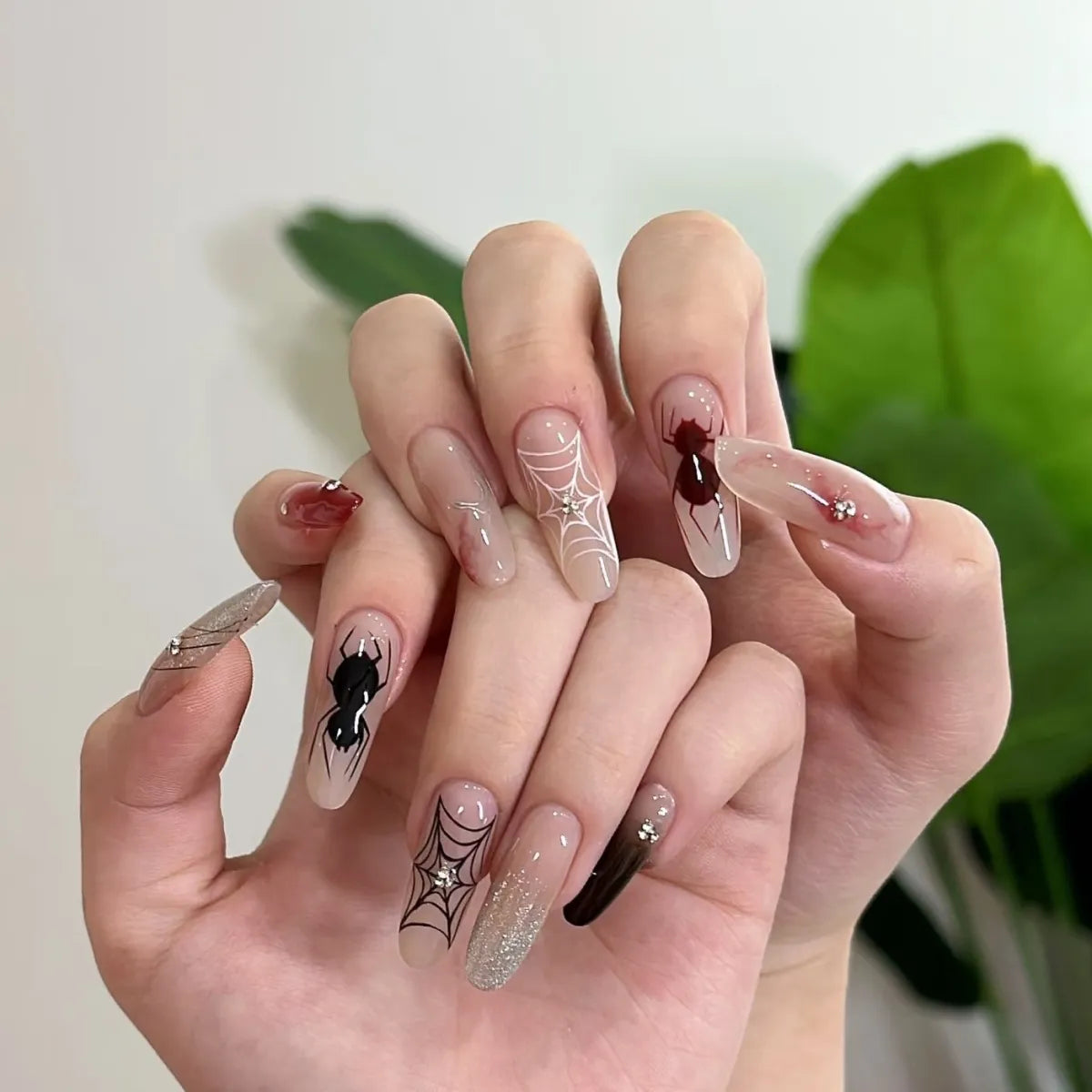 NailZagreb Gothic Spider Press On Nails Nude Pink Black Spider Web Glossy Handmade Nail Set