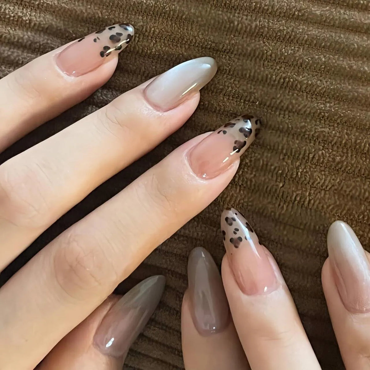 NailZagreb Leopard French Tip Press On Nails with Smoky Gray Glossy Design