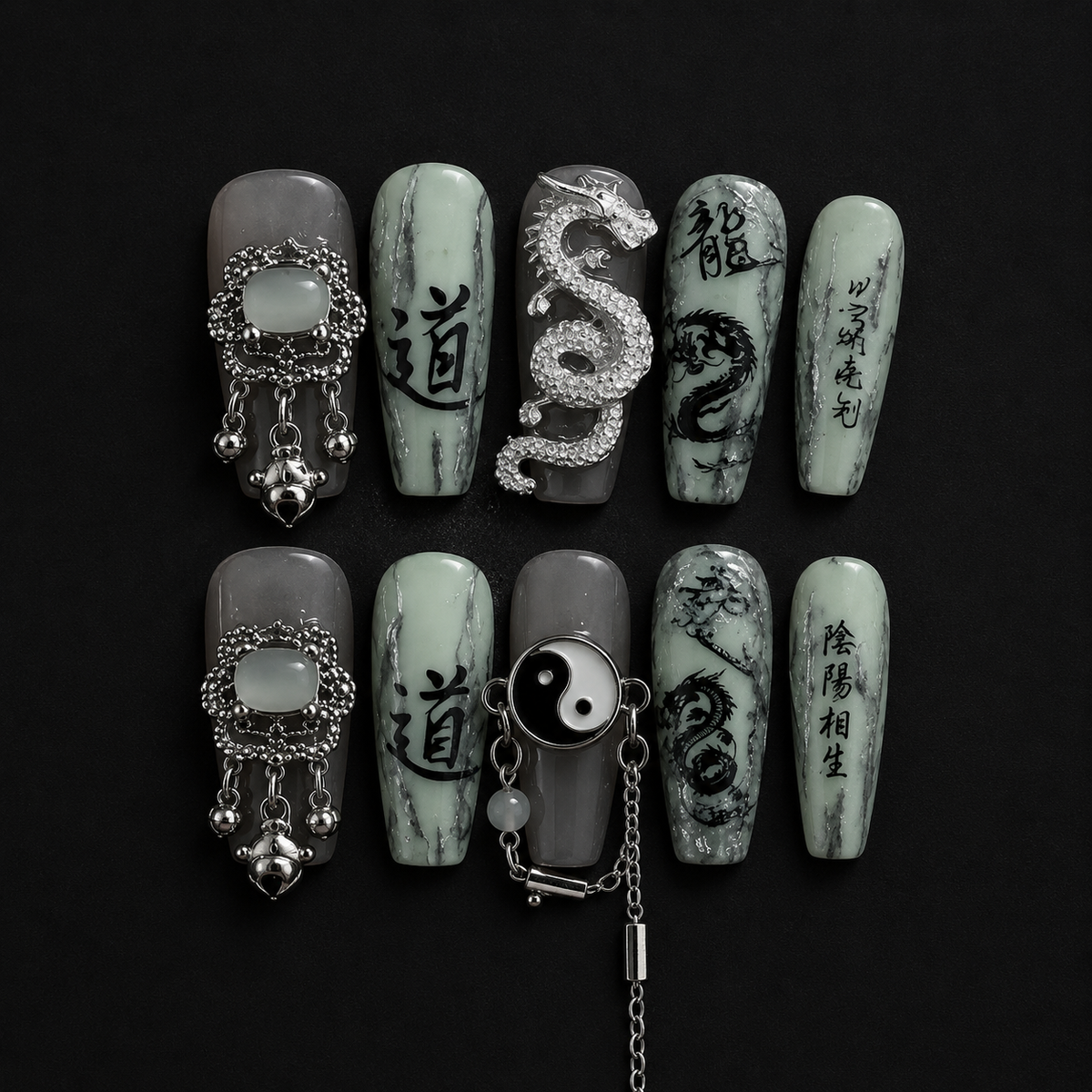 NailZagreb Oriental Press On Nails Jade Green Dragon Yin Yang Zen Handmade Nail Set