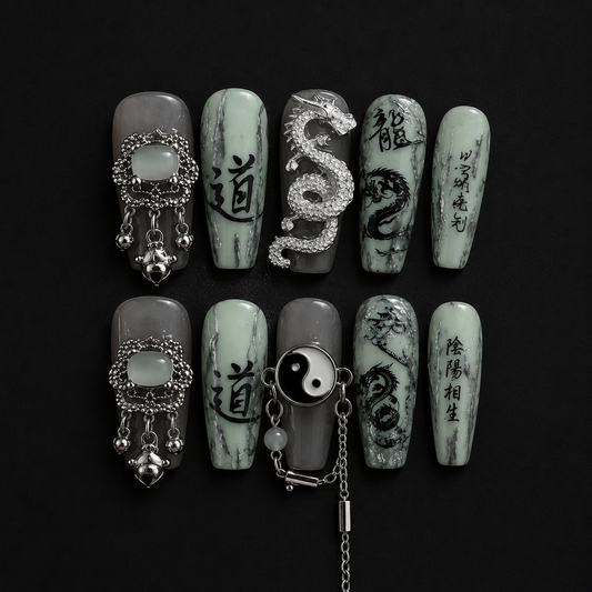 NailZagreb Oriental Press On Nails Jade Green Dragon Yin Yang Zen Handmade Nail Set