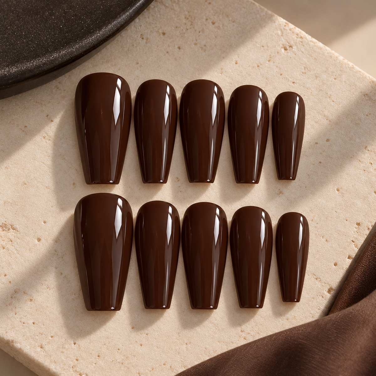 NailZagreb Glossy Dark Brown Coffin Press On Nails for Minimal Everyday Style