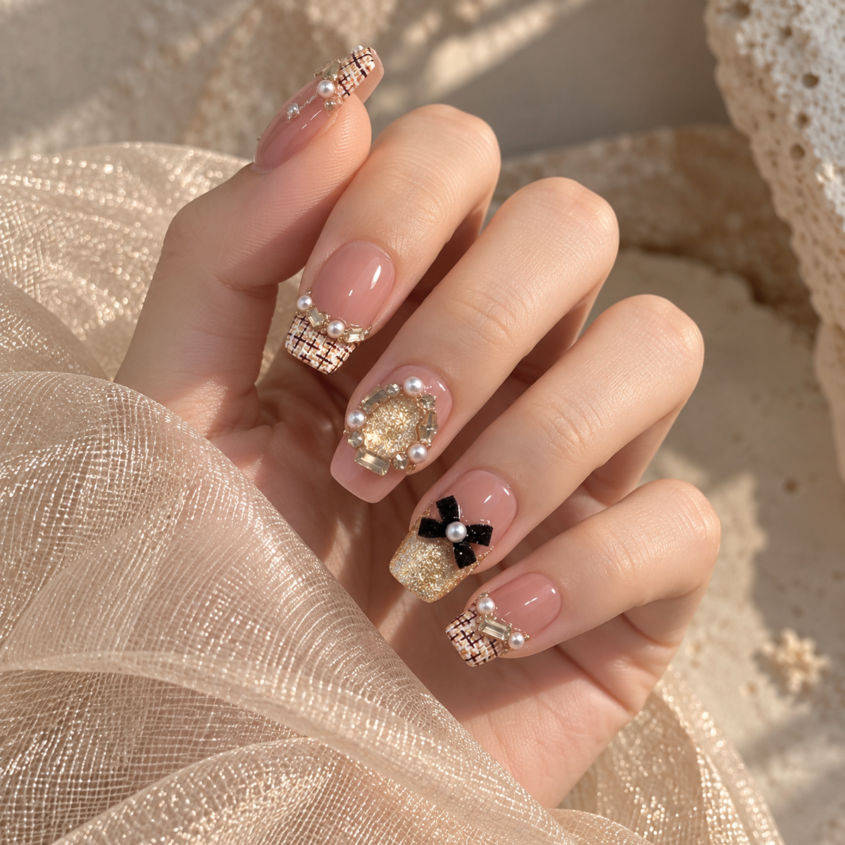 NailZagreb Nude Gold Press On Nails Pearl Bow Rhinestone Glossy Elegant Nail Set