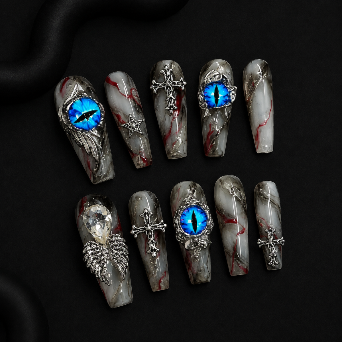 NailZagreb Gothic Press On Nails Blue Eye Cross Rhinestone Reusable False Nails Handmade Set