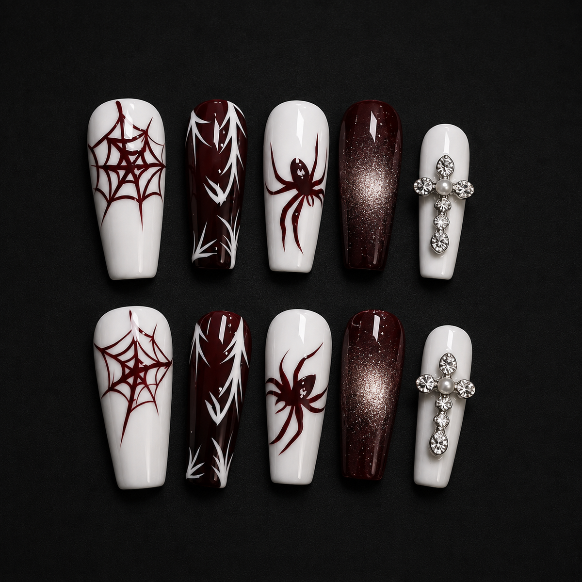 NailZagreb Gothic Spider Web Press On Nails Cross Rhinestone Black Red Handmade Reusable Nail Set
