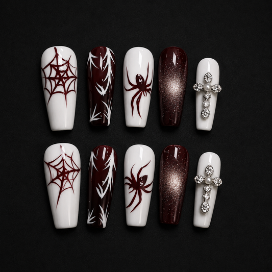 NailZagreb Gothic Spider Web Press On Nails Cross Rhinestone Black Red Handmade Reusable Nail Set