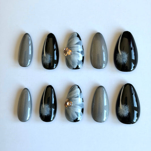 NailZagreb Smoky Silver Marble Press On Nails with Black Glossy Cat Eye Design