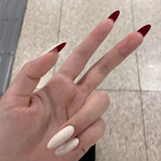 NailZagreb Burgundy French Tip Almond Press On Nails for Everyday Elegant Style