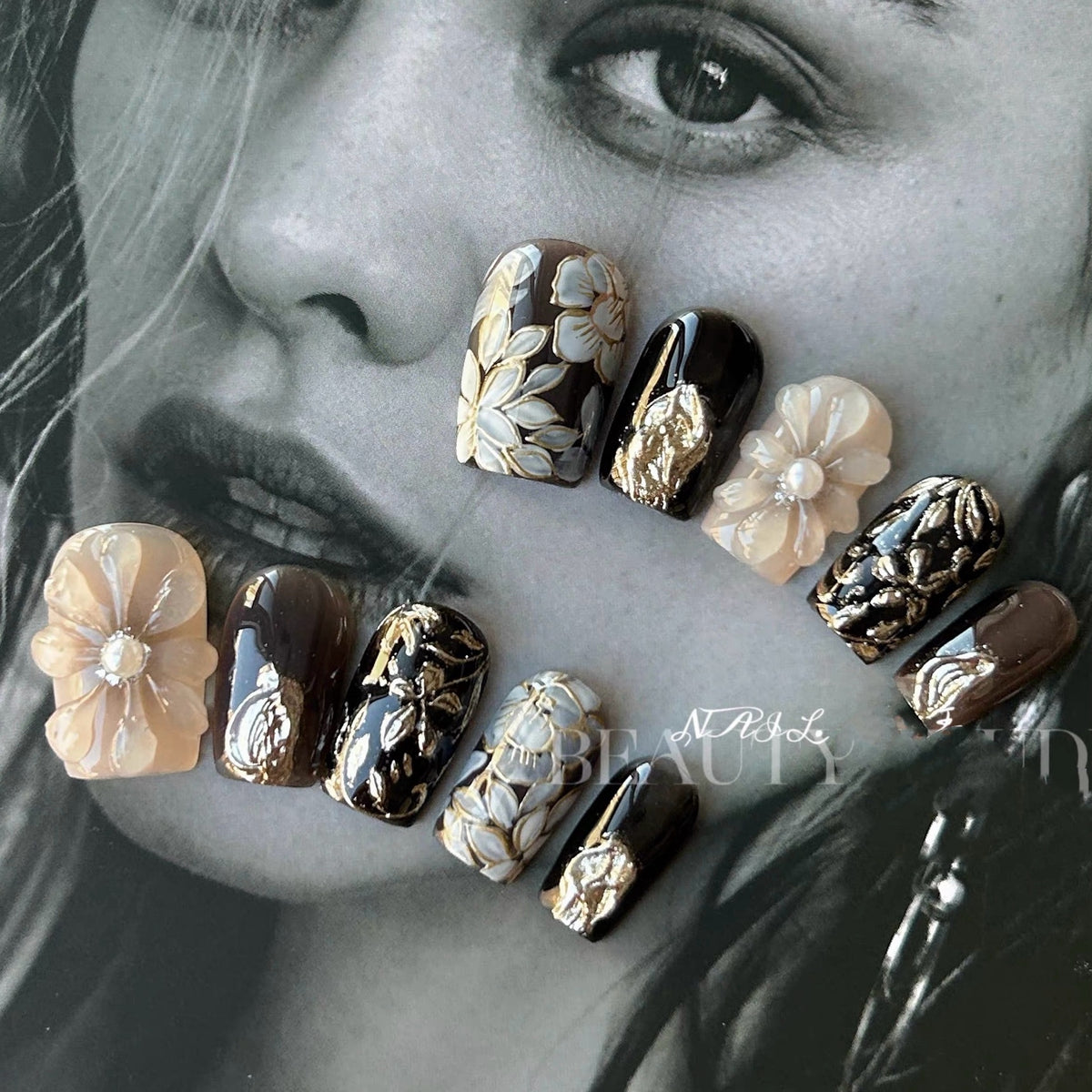 NailZagreb Vintage Black Floral Press On Nails with Gold Embossed Art Design