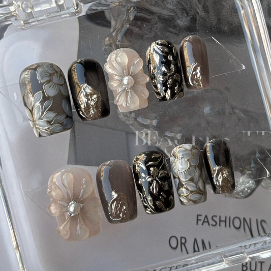 NailZagreb Vintage Black Floral Press On Nails with Gold Embossed Art Design