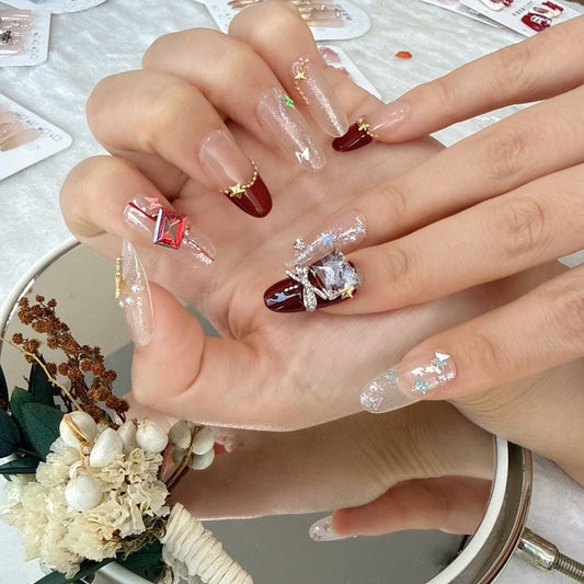 NailZagreb Luxury Burgundy Crystal Press On Nails Glitter French Tip Holiday Nail Set